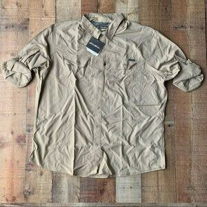 Eddie Bauer men's ripstop guide long sleeve exploration khaki button down shirt
